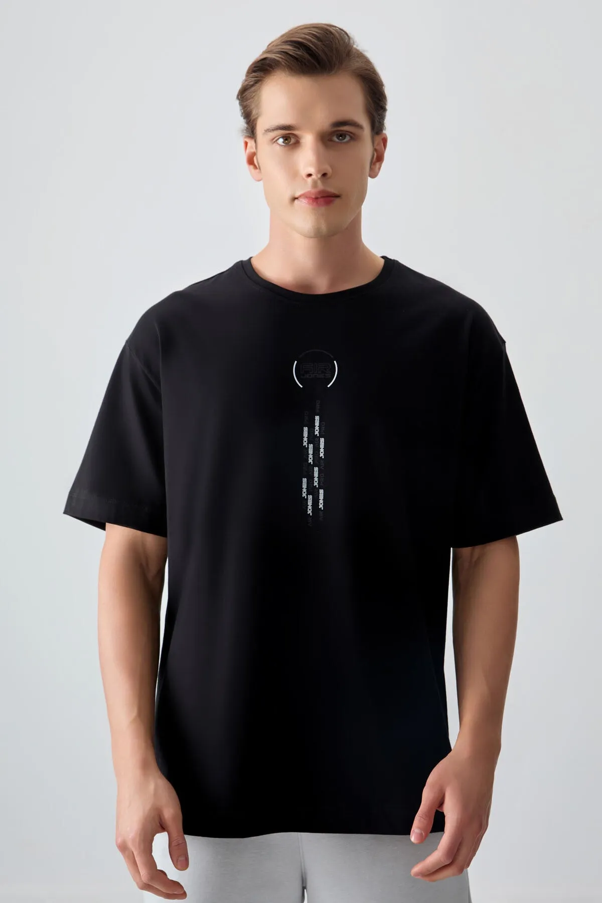 0 pamuk kalin yumuşak dokulu oversize fit baskili erkek t-shirt - 88355