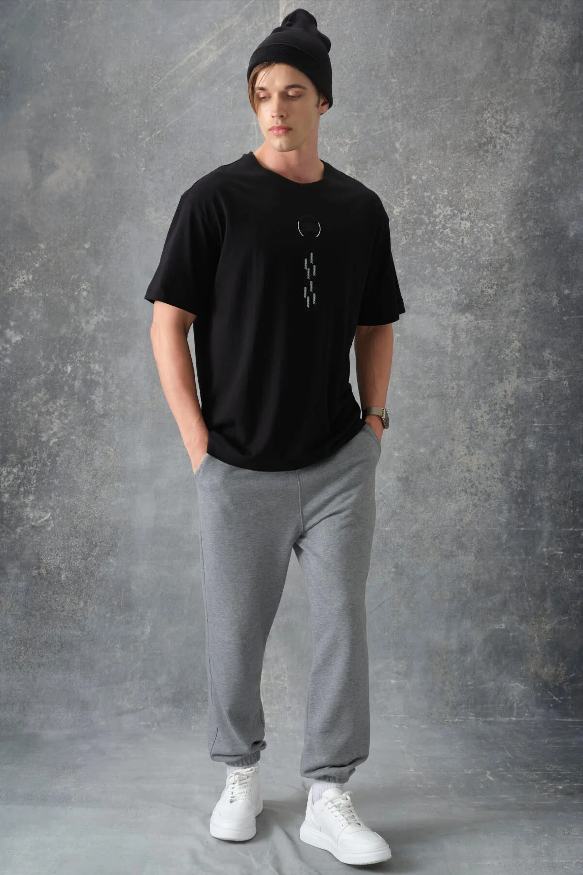 0 pamuk kalin yumuşak dokulu oversize fit baskili erkek t-shirt - 88355