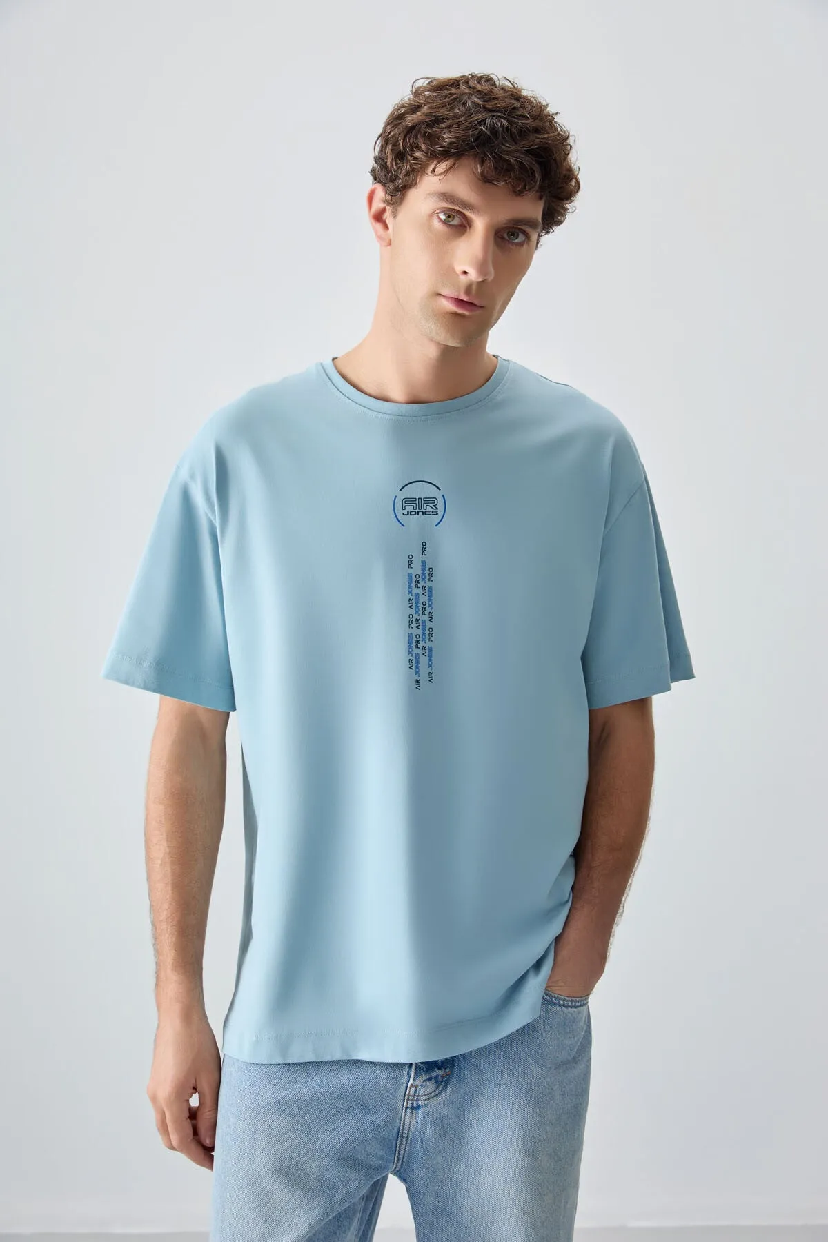 0 pamuk kalin yumuşak dokulu oversize fit baskili erkek t-shirt - 88355