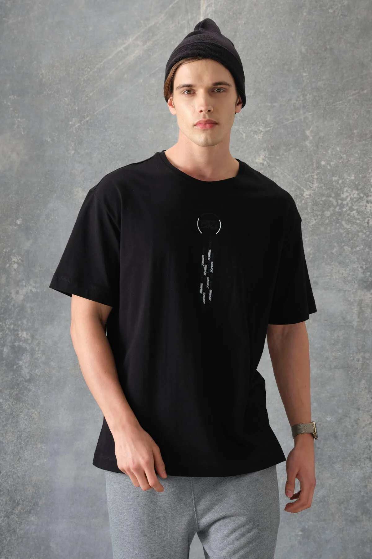 0 pamuk kalin yumuşak dokulu oversize fit baskili erkek t-shirt - 88355