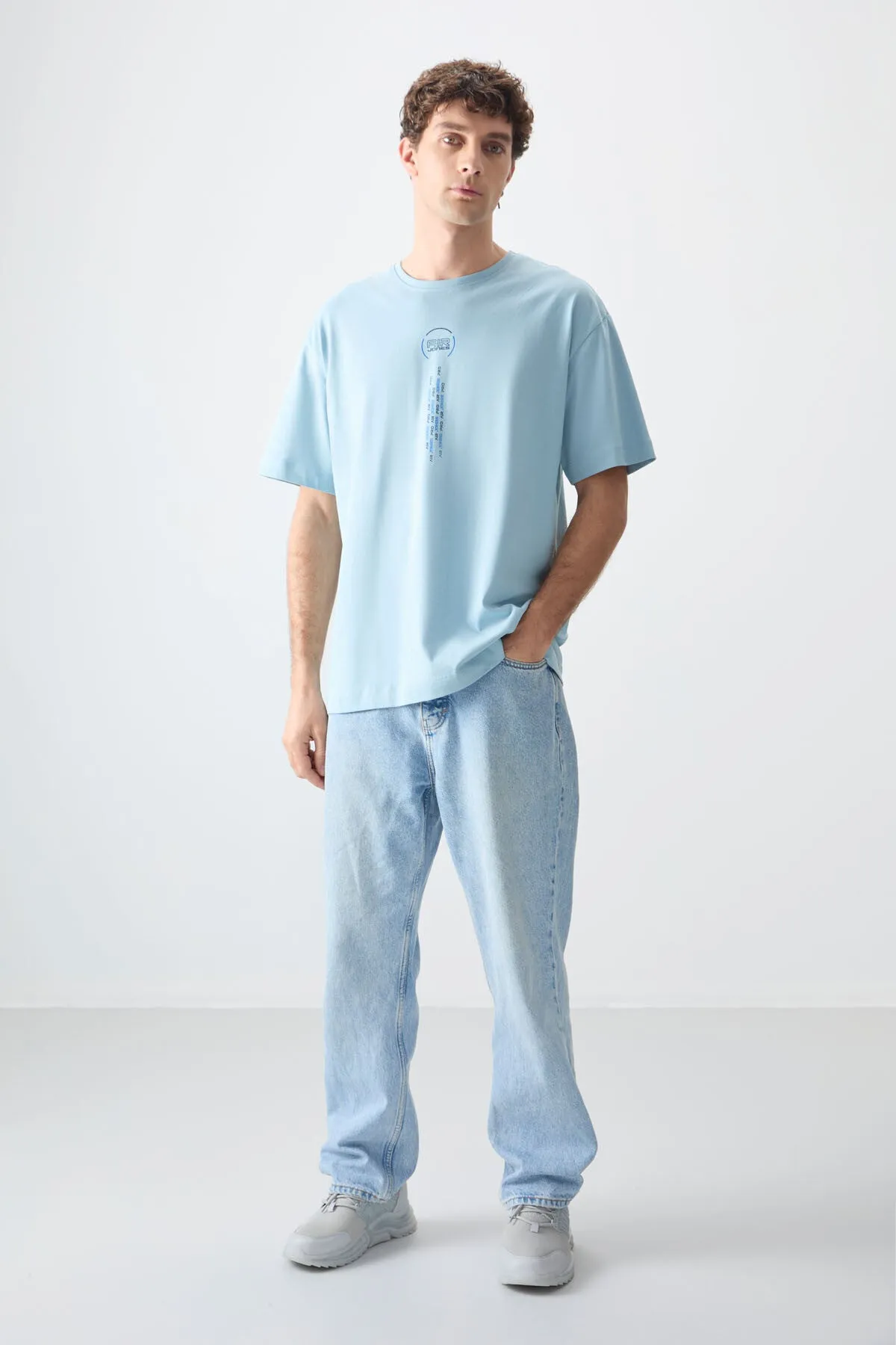 0 pamuk kalin yumuşak dokulu oversize fit baskili erkek t-shirt - 88355