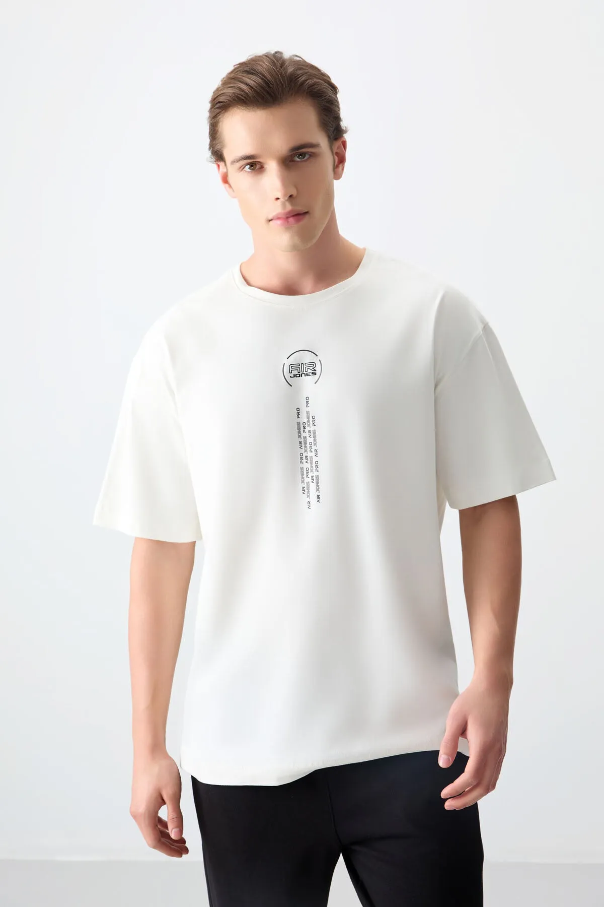 0 pamuk kalin yumuşak dokulu oversize fit baskili erkek t-shirt - 88355