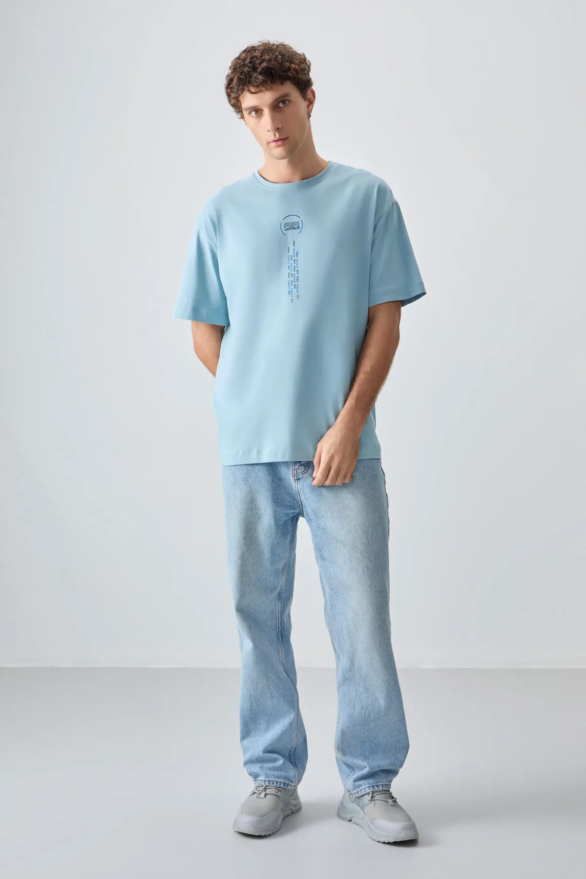 0 pamuk kalin yumuşak dokulu oversize fit baskili erkek t-shirt - 88355