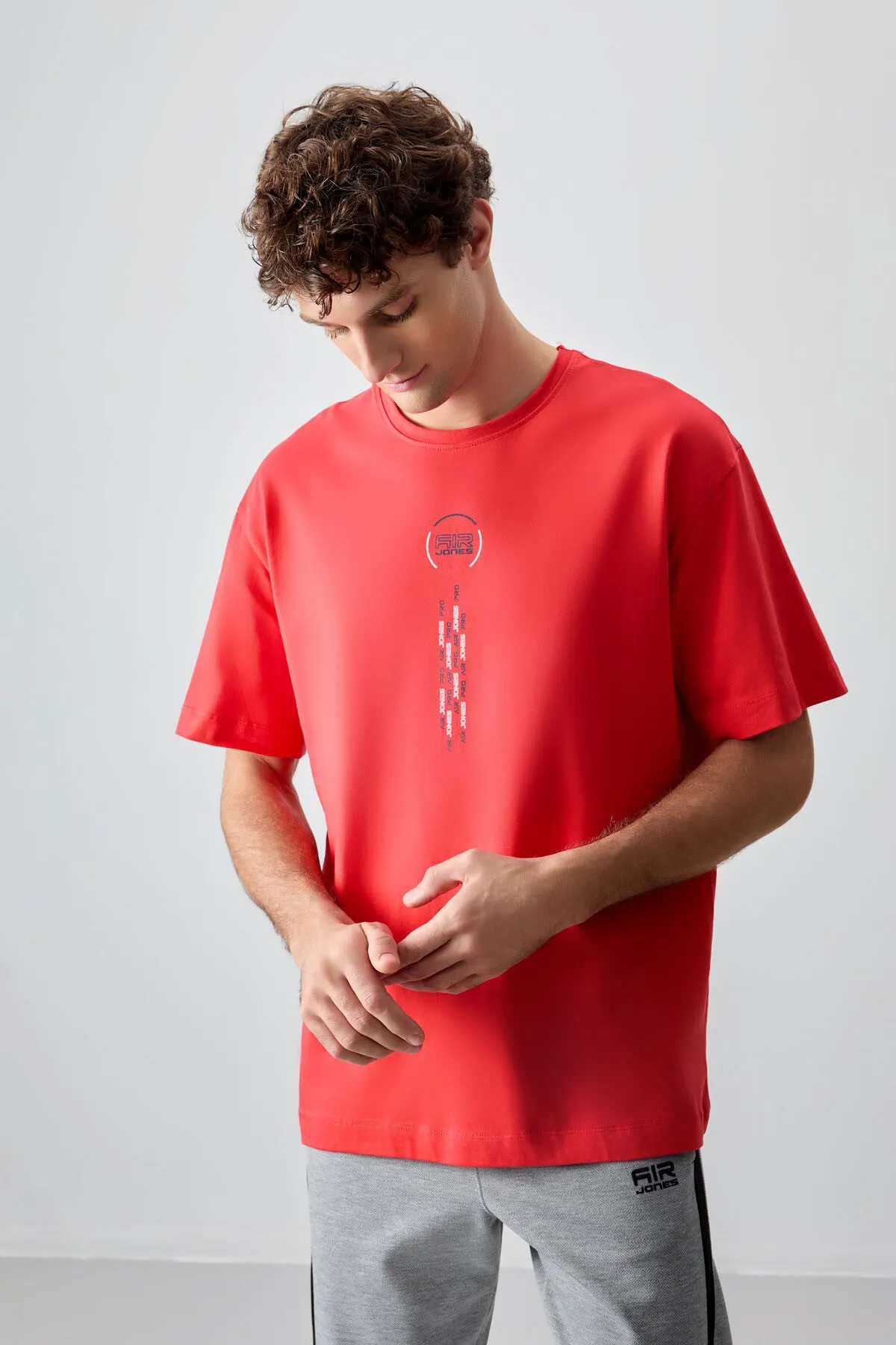 0 pamuk kalin yumuşak dokulu oversize fit baskili erkek t-shirt - 88355