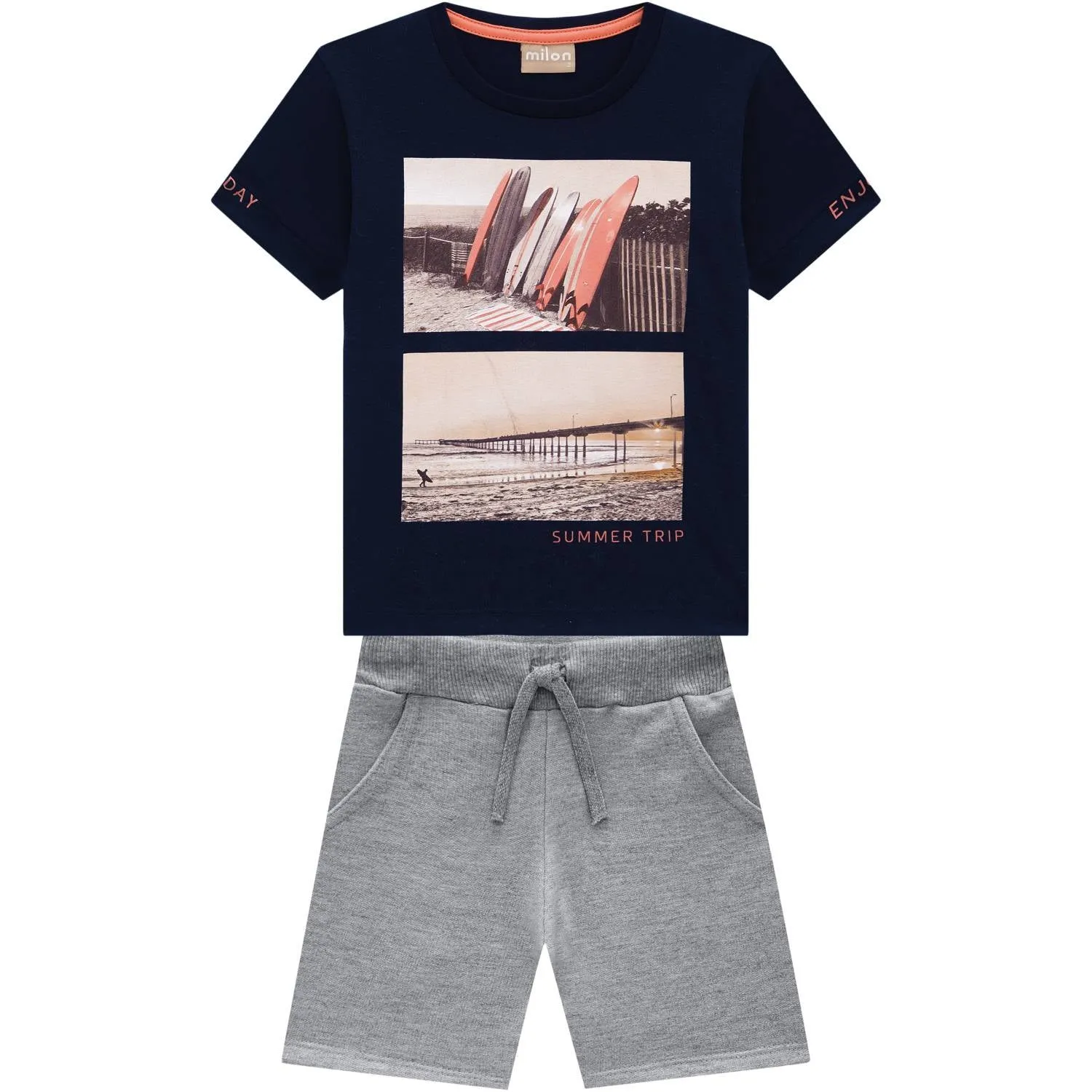 2pc Navy Surfboard Tee w Light Grey Shorts