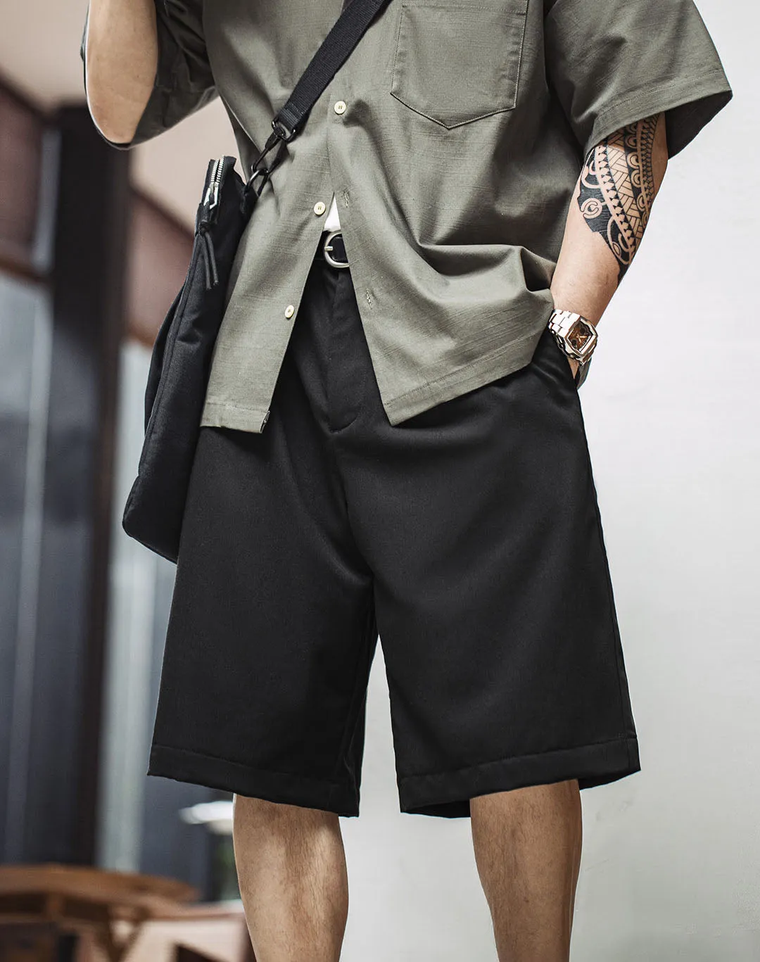 American Casual Bermuda Loose Black Straight Men's Shorts