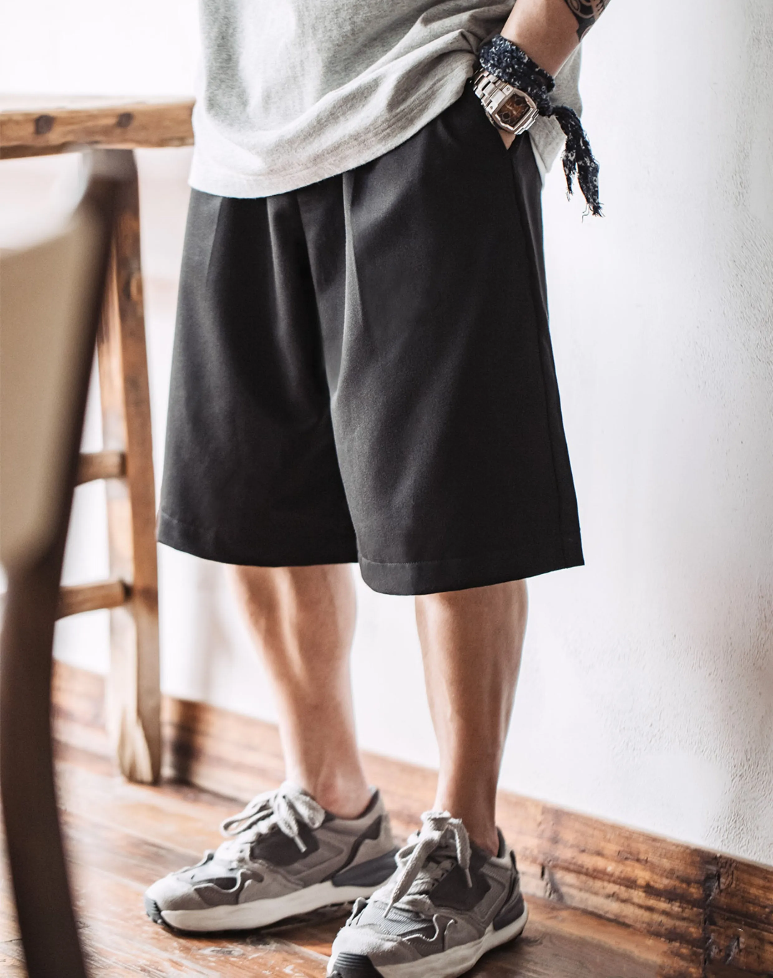 American Casual Bermuda Loose Black Straight Men's Shorts