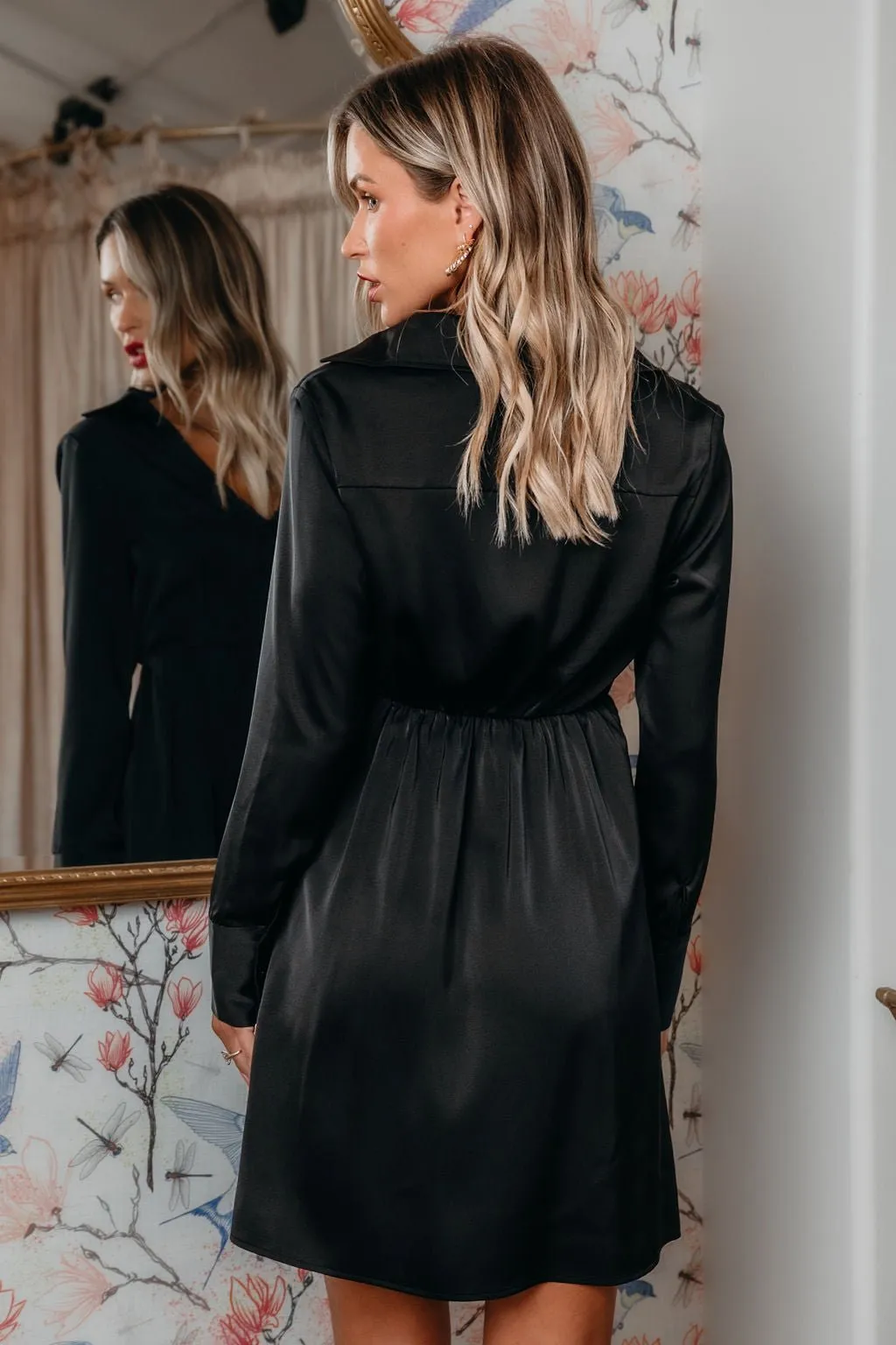 Black V Neck Satin Mini Dress