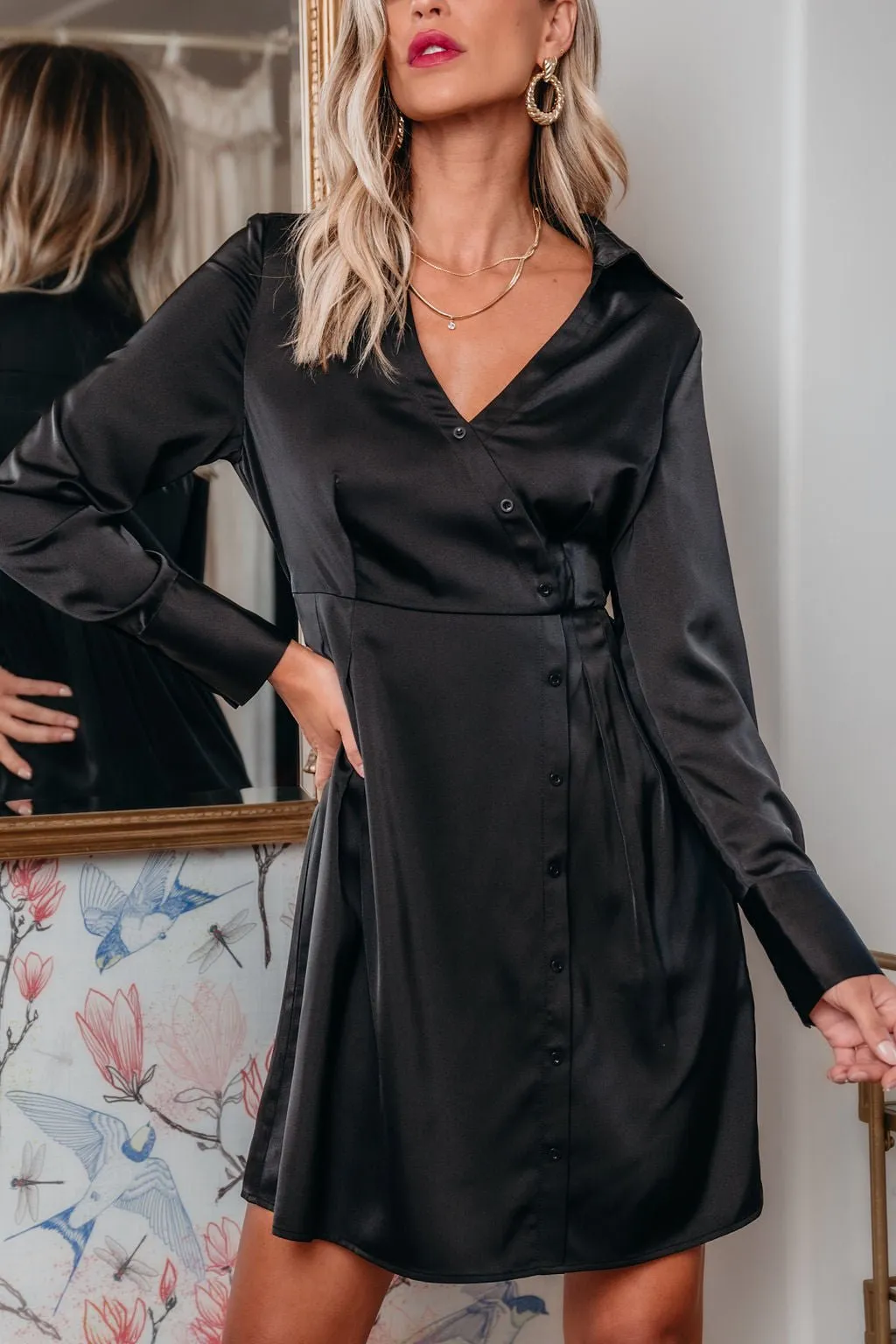 Black V Neck Satin Mini Dress