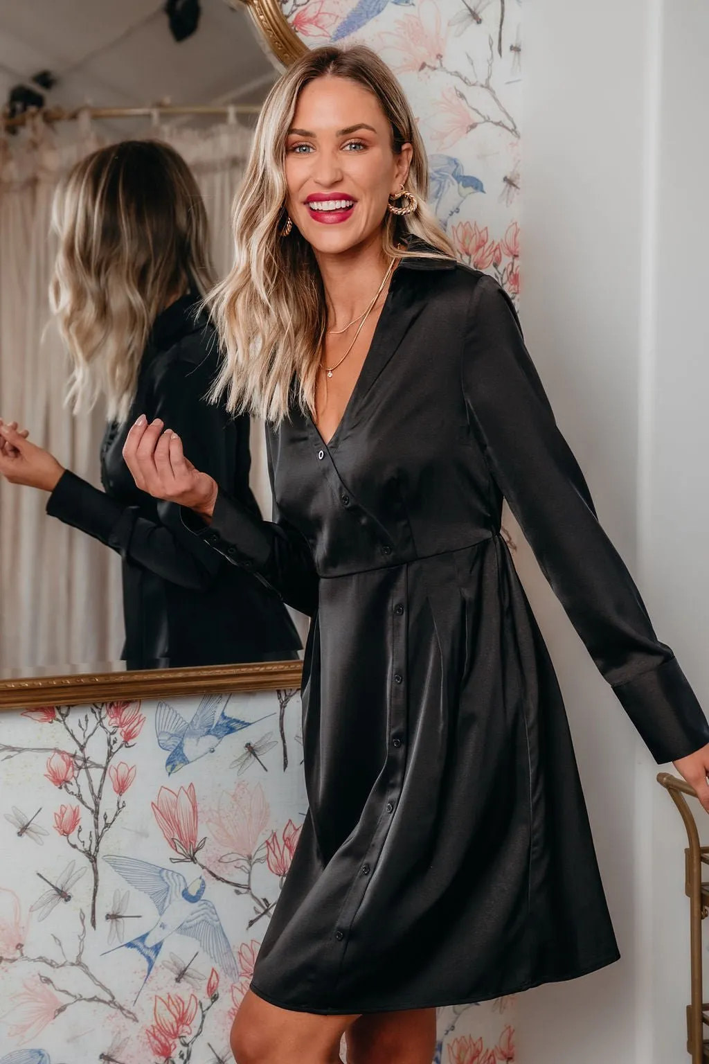 Black V Neck Satin Mini Dress