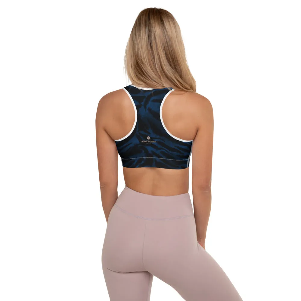 Blue Tiger Padded Sports Bra, Animal Stripes Print Workout Bra For Ladies-Made in USA/EU