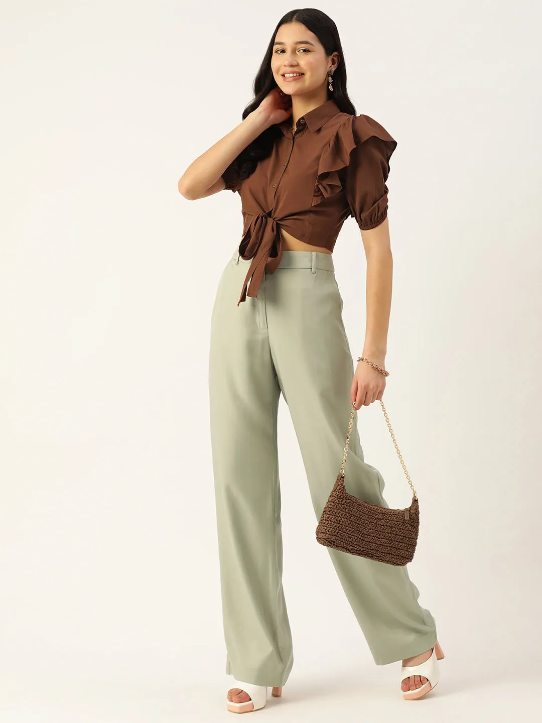 Brown Ruffles Crepe Crop Top