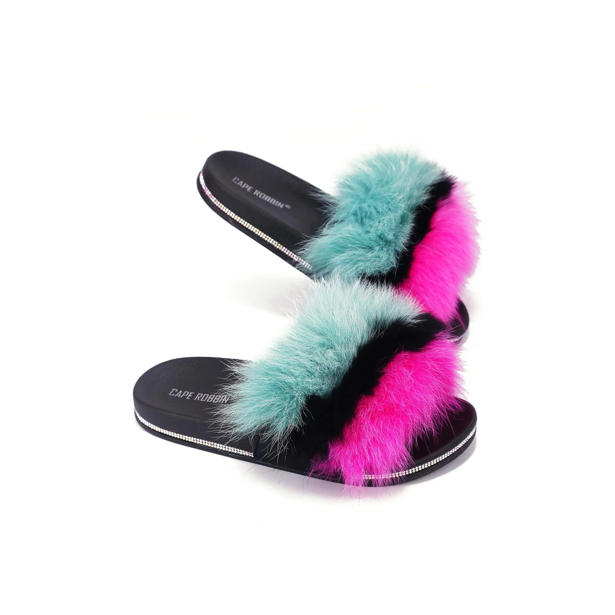 Cape Robbin Casino Mint Candy Lush Fur Fashion Sandals Slip On Slide Mule