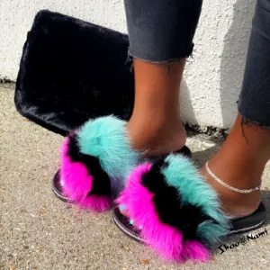 Cape Robbin Casino Mint Candy Lush Fur Fashion Sandals Slip On Slide Mule