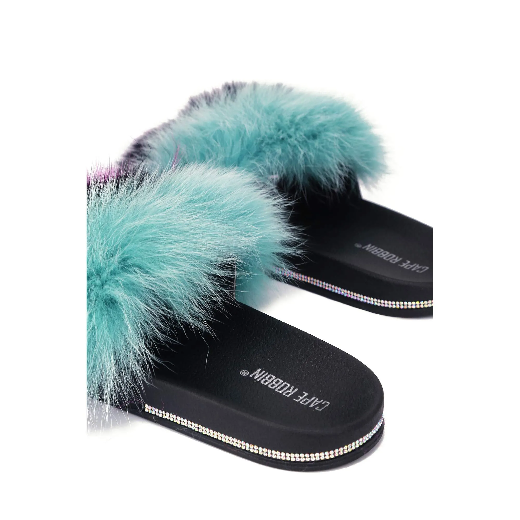 Cape Robbin Casino Mint Candy Lush Fur Fashion Sandals Slip On Slide Mule