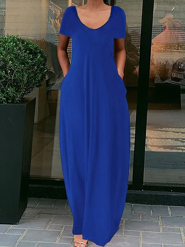 Casual Dress Shift Dress Long Dress Maxi Dress fluorescent green Black Blue Short Sleeve Pure Color Spring Summer Crew Neck Basic Daily Weekend  S M L XL XXL XXXL 4XL 5XL for Women