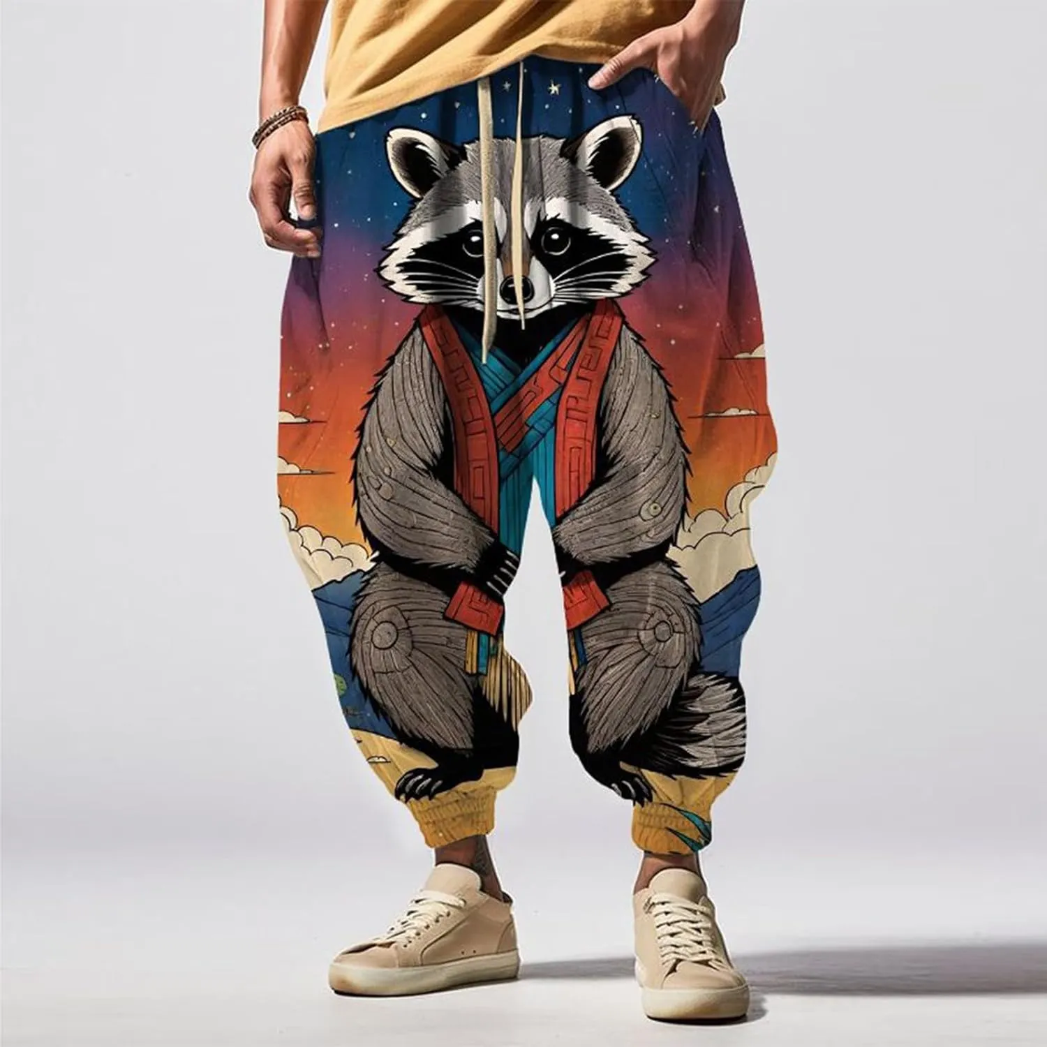 Casual Loose Hippie Drop Crotch Trouser Elastic Cotton Casual Mid with Pockets Pants Men's Mens Casual Cargo Pants