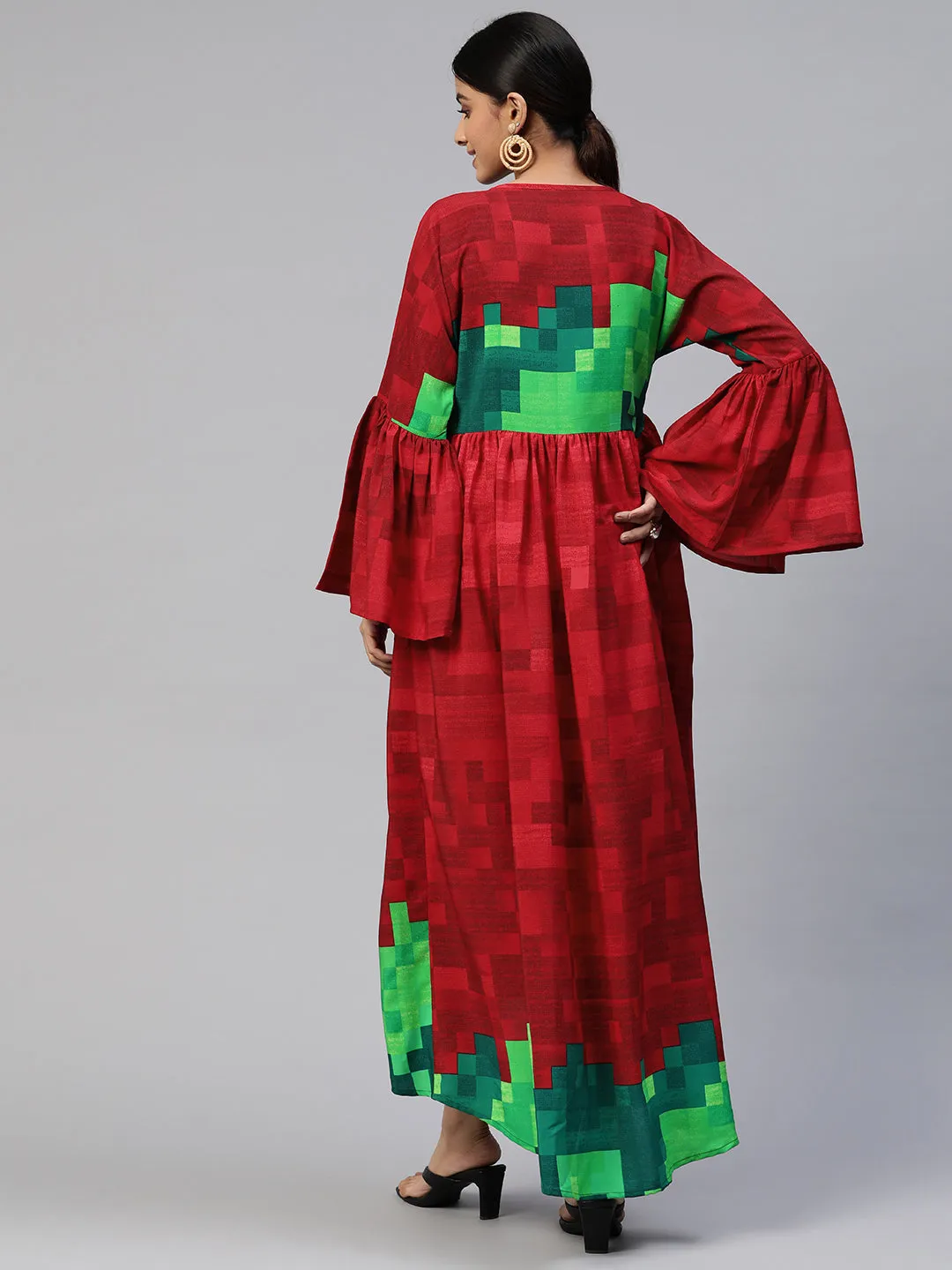 Cottinfab Printed Crepe Bell Sleeves A-Line Maxi Dress
