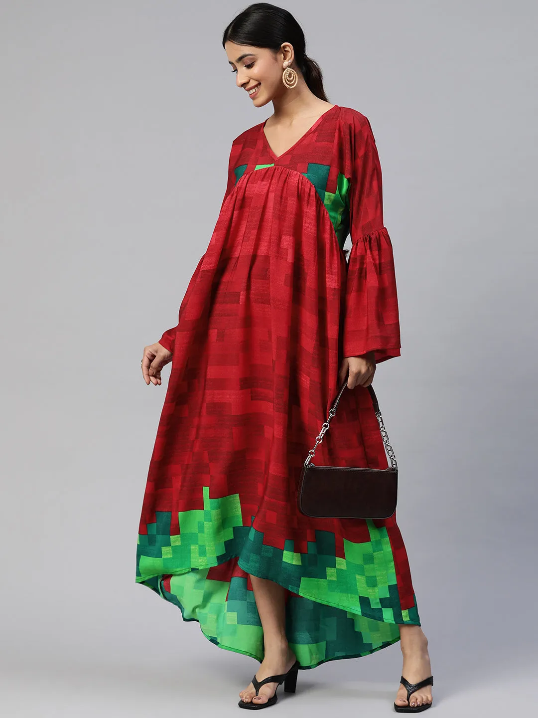 Cottinfab Printed Crepe Bell Sleeves A-Line Maxi Dress