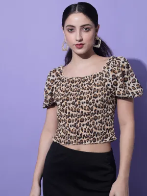 Cream-Coloured & Black Animal Printed Crop Top