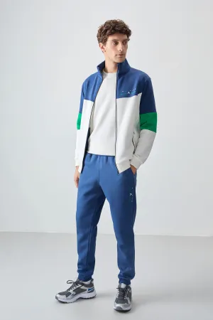 ekru - indigo dik yaka renk geçişli baski detayli standart kalip erkek eşofman takimi - 85186