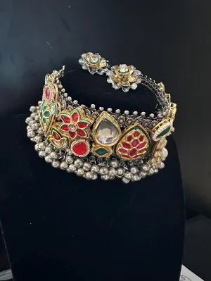 Fusion German Silver Oxidized necklace set with Kundan colored stone