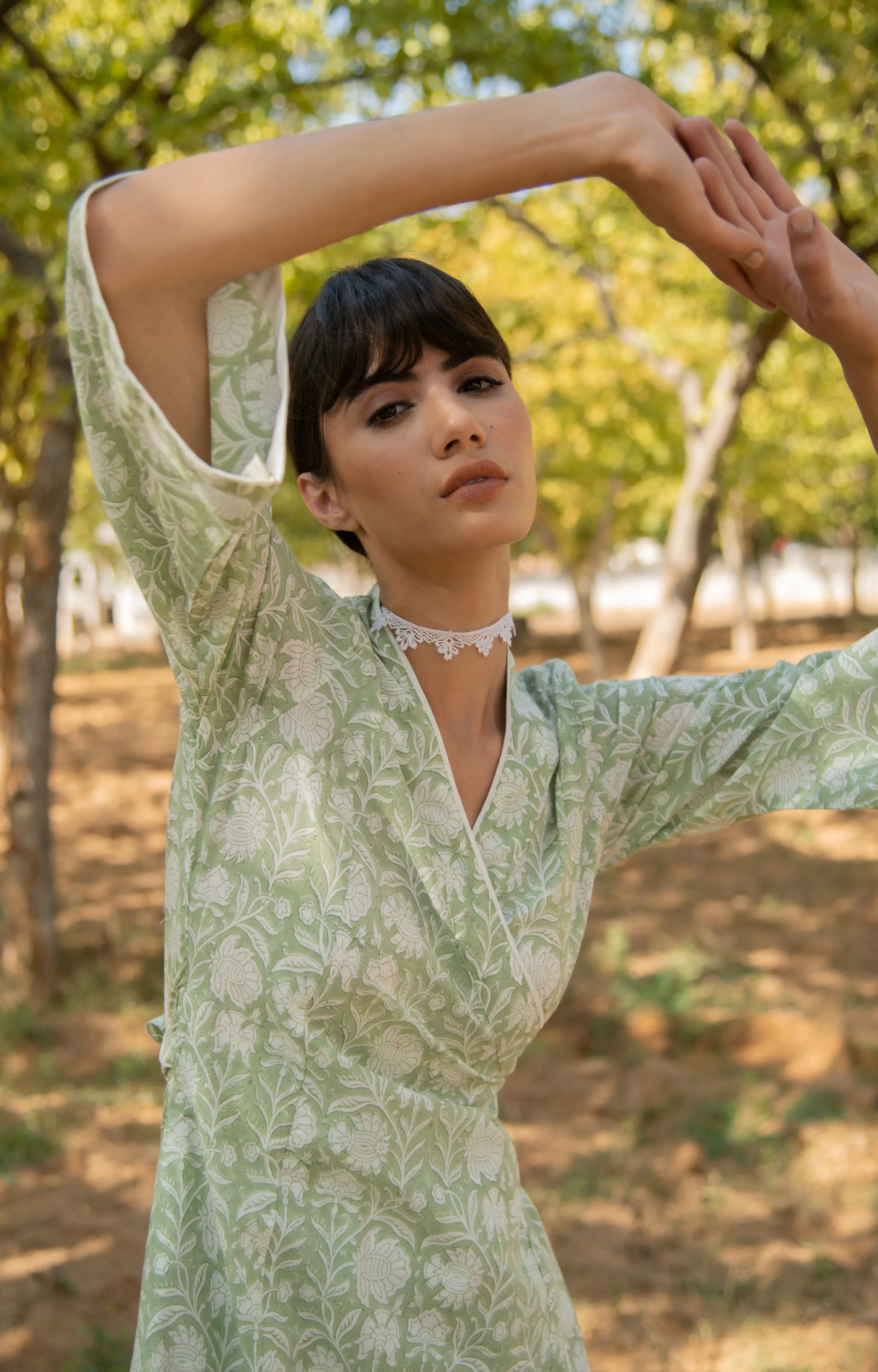 Greener Days Wrap Dress - Green Hand Block Printed Cotton Wrap Dress