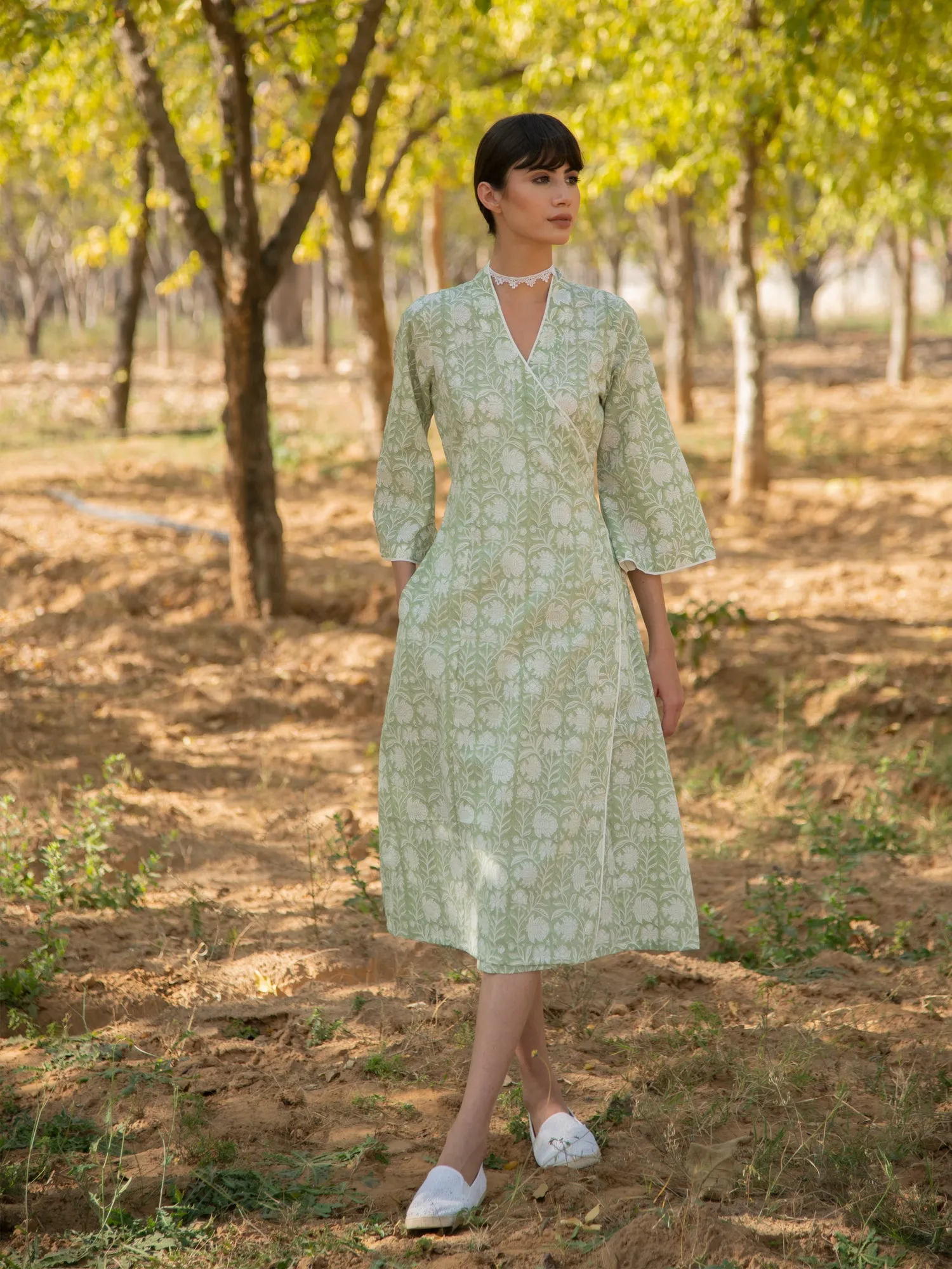 Greener Days Wrap Dress - Green Hand Block Printed Cotton Wrap Dress