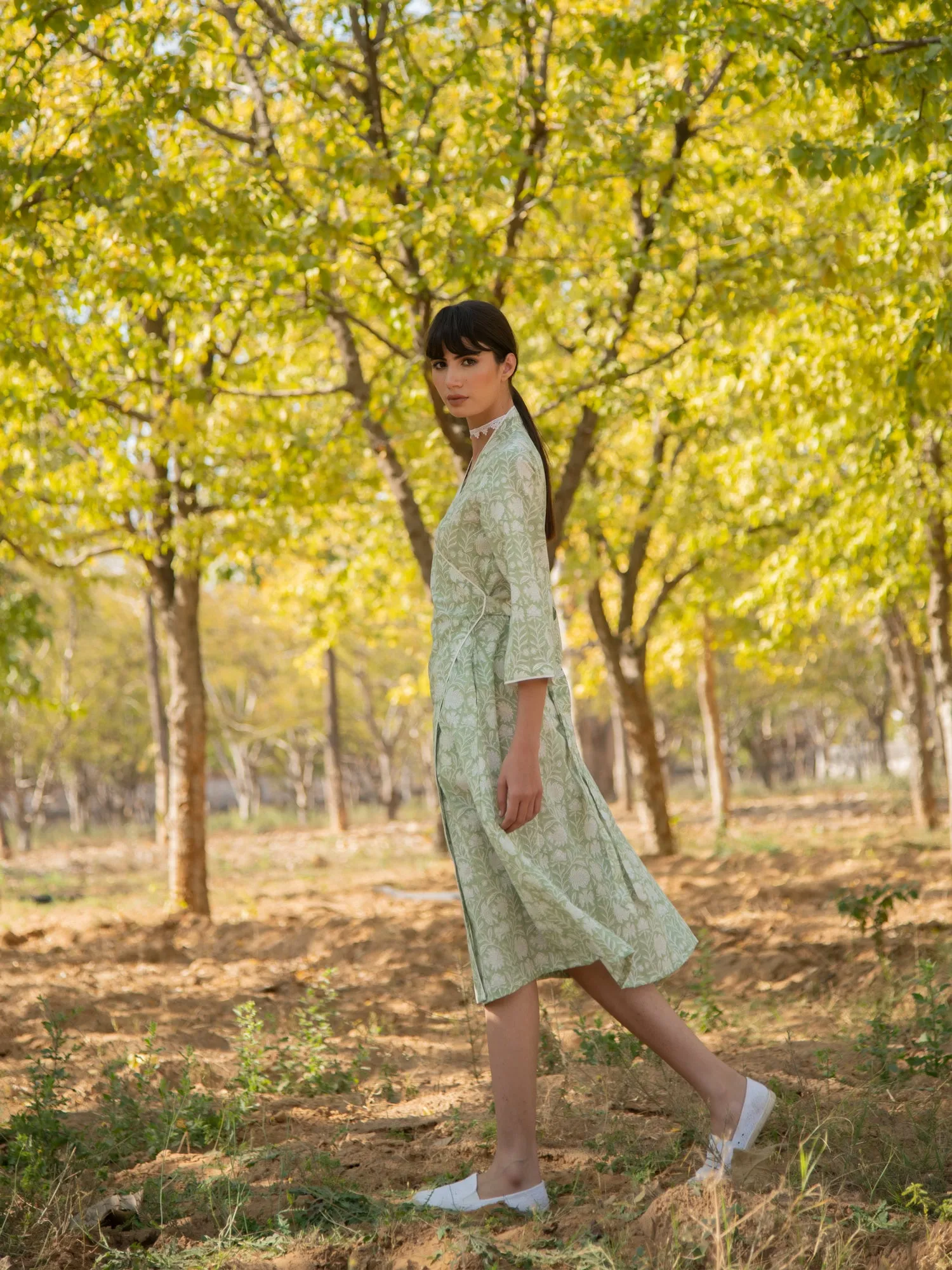 Greener Days Wrap Dress - Green Hand Block Printed Cotton Wrap Dress
