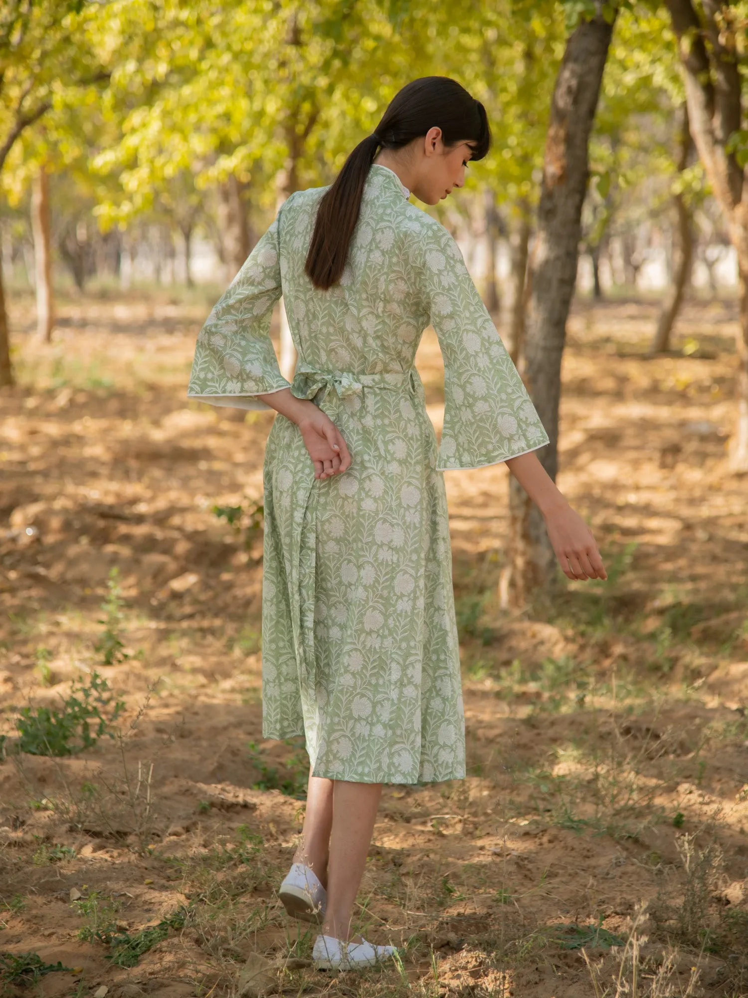 Greener Days Wrap Dress - Green Hand Block Printed Cotton Wrap Dress