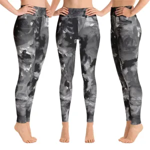 Grey Floral Rose Women's Leggings, Premium Fitted Gym Running Tights-Made in USA/EU