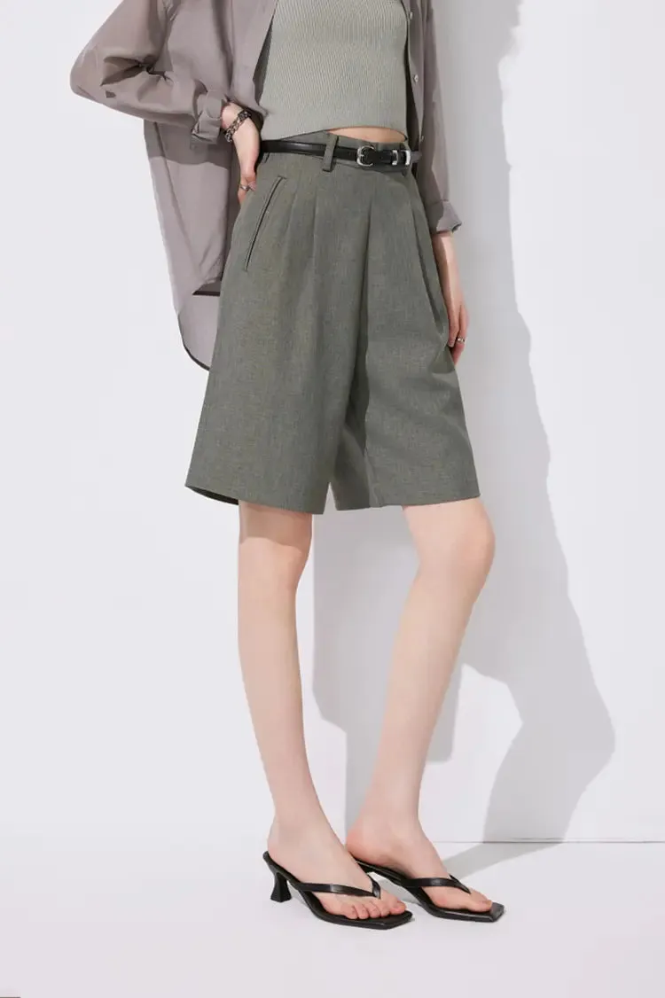 High-Waist Bermuda Shorts with Front Pleats
