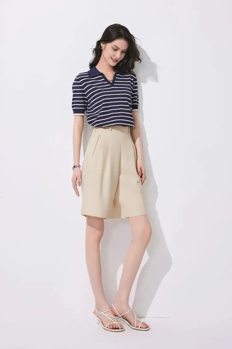 High-Waist Bermuda Shorts with Front Pleats
