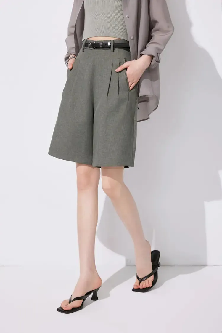 High-Waist Bermuda Shorts with Front Pleats