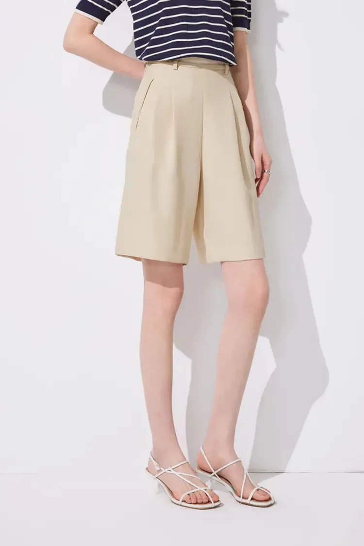 High-Waist Bermuda Shorts with Front Pleats