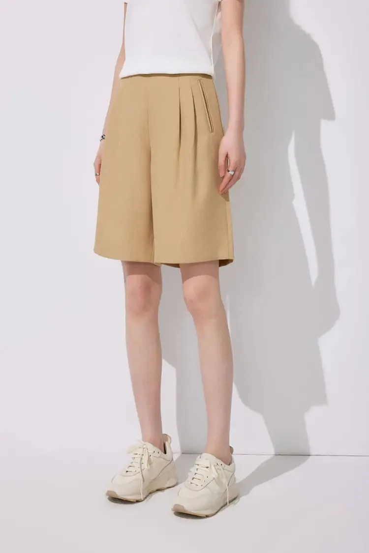 High-Waist Bermuda Shorts with Front Pleats