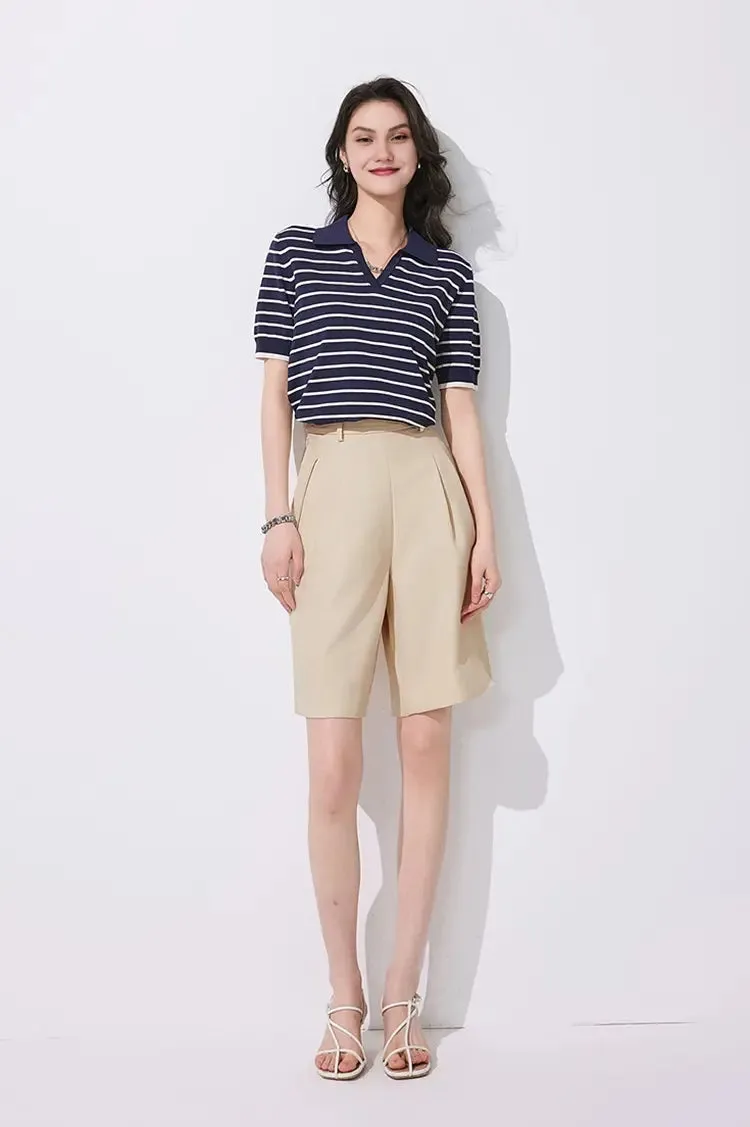 High-Waist Bermuda Shorts with Front Pleats