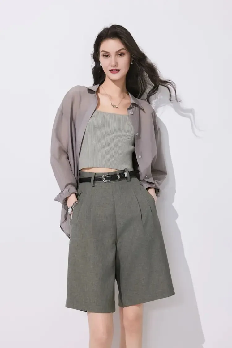 High-Waist Bermuda Shorts with Front Pleats
