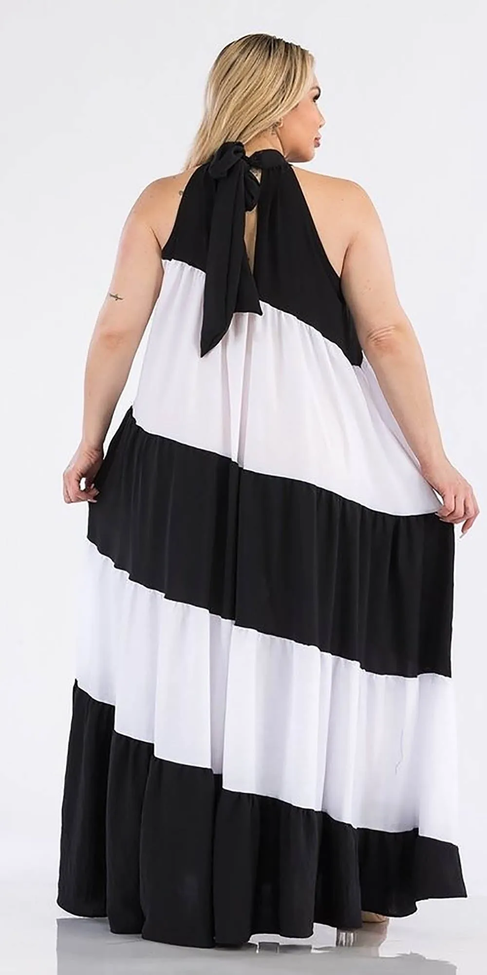 Karen T 9337 - Black White - Halter Colorblock Maxi Dress