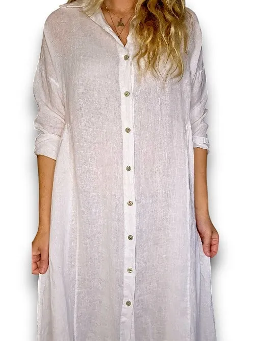 MAXI BUTTON SHIRT DRESS LINEN WHITE
