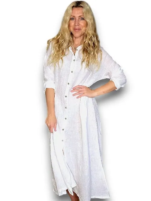 MAXI BUTTON SHIRT DRESS LINEN WHITE