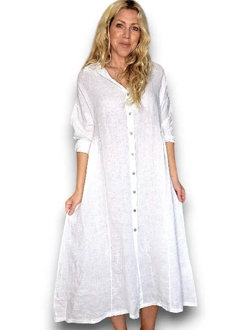 MAXI BUTTON SHIRT DRESS LINEN WHITE
