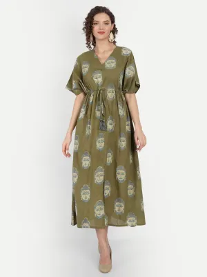 Olive Green Buddha Block Print Cotton Kaftan Maxi Dress