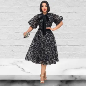 Print Half Sleeve Bow Collar A-Line Floral Dress