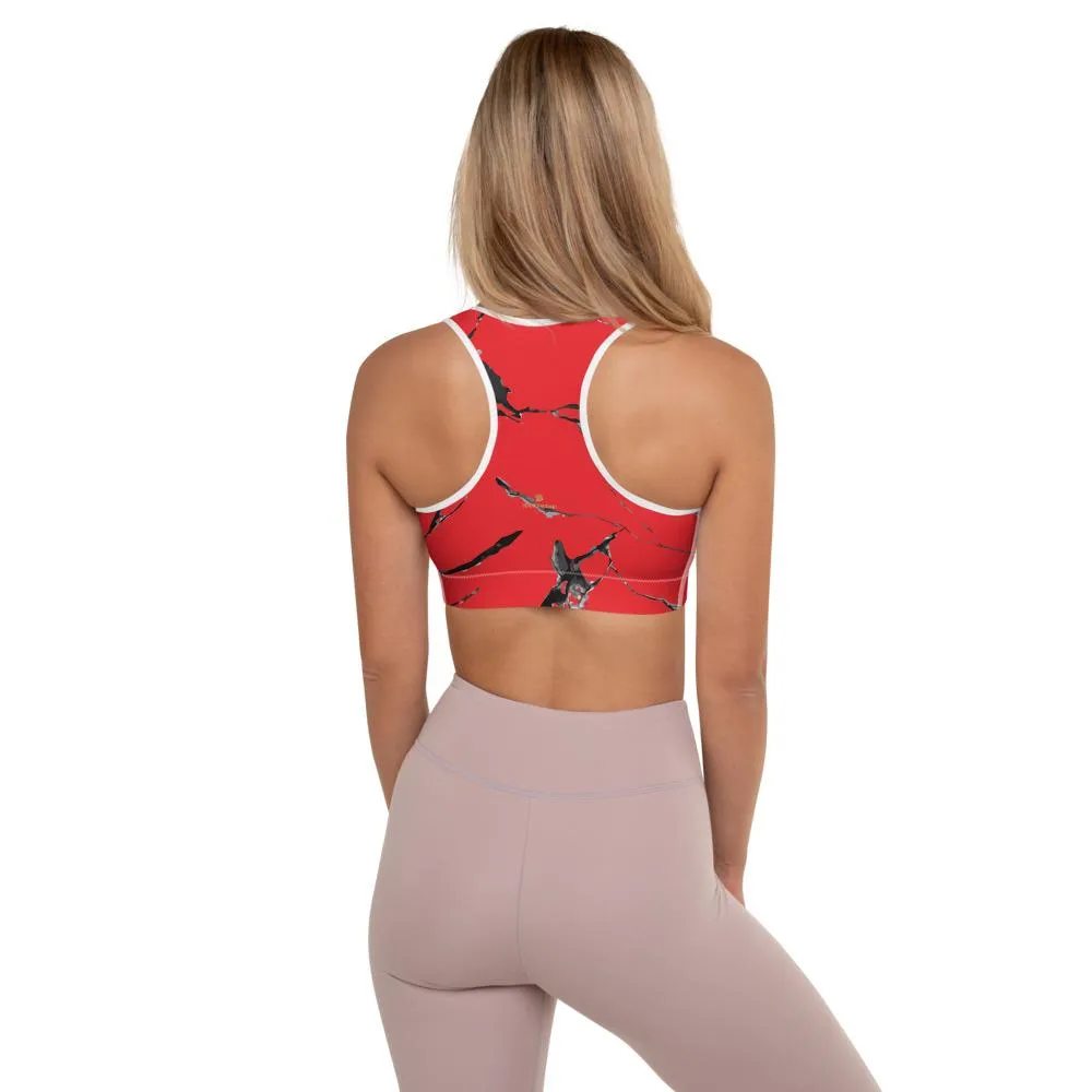 Red Marble Print Sports Bra, Women's Premium Padded Workout Bra- Made in USA/ EU