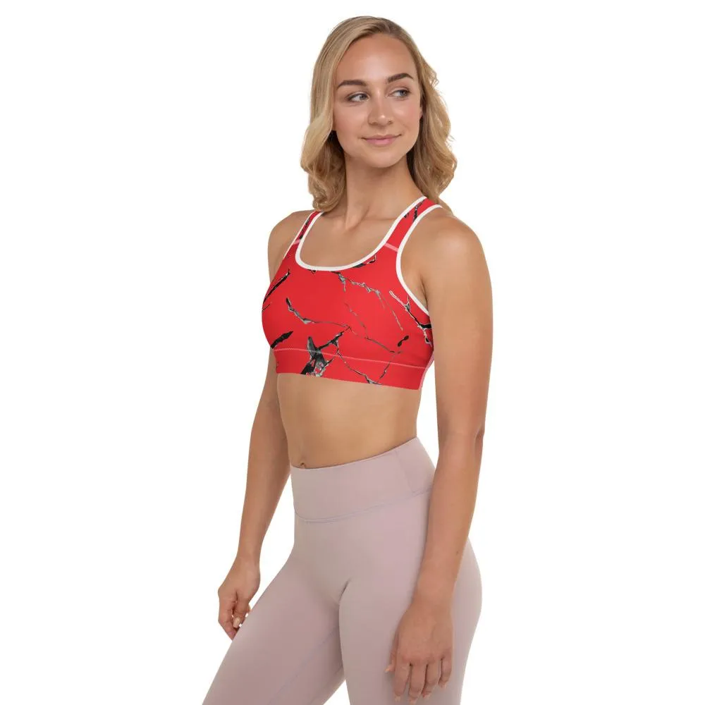 Red Marble Print Sports Bra, Women's Premium Padded Workout Bra- Made in USA/ EU