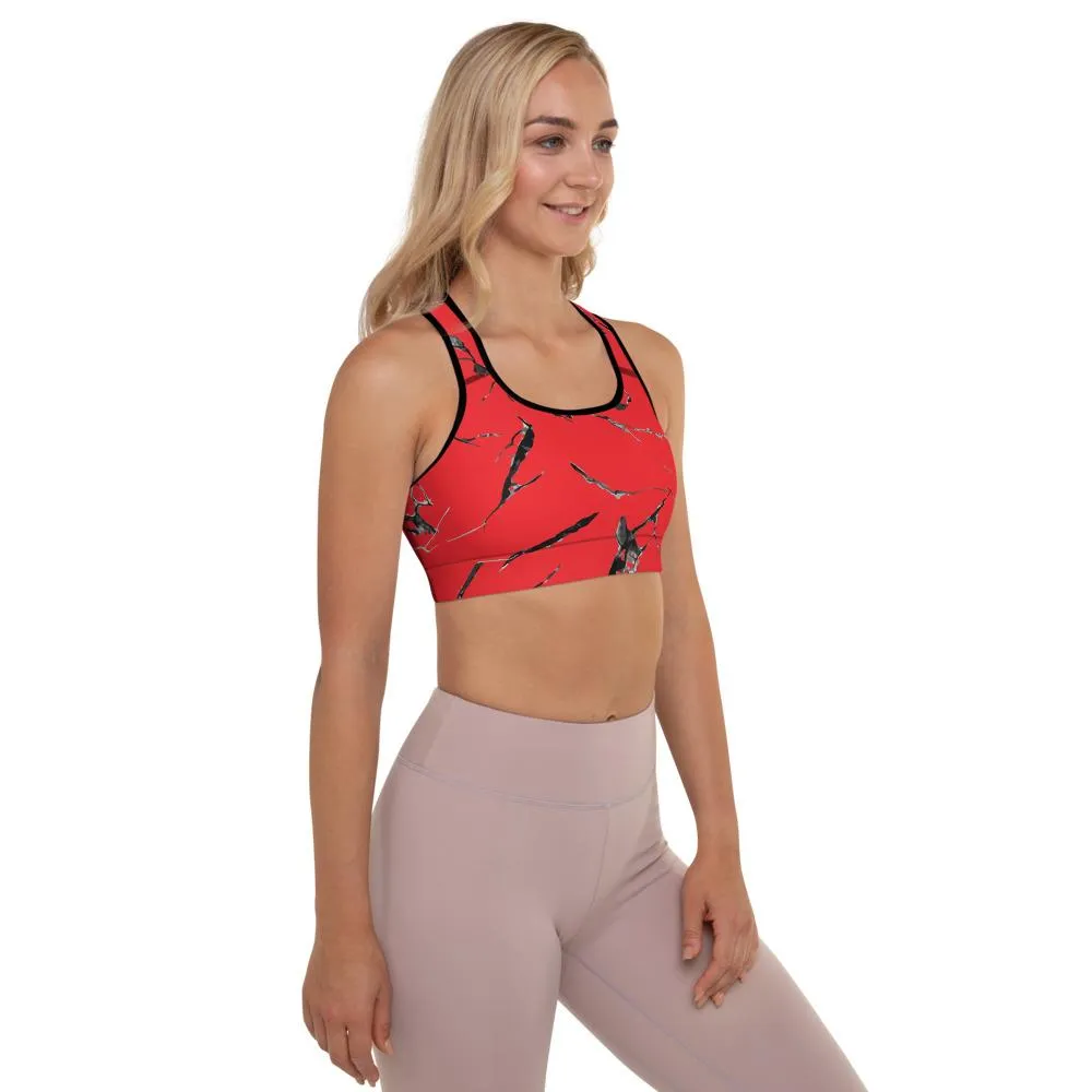 Red Marble Print Sports Bra, Women's Premium Padded Workout Bra- Made in USA/ EU