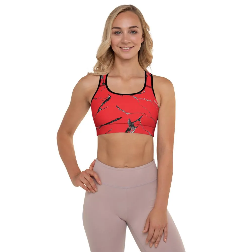 Red Marble Print Sports Bra, Women's Premium Padded Workout Bra- Made in USA/ EU