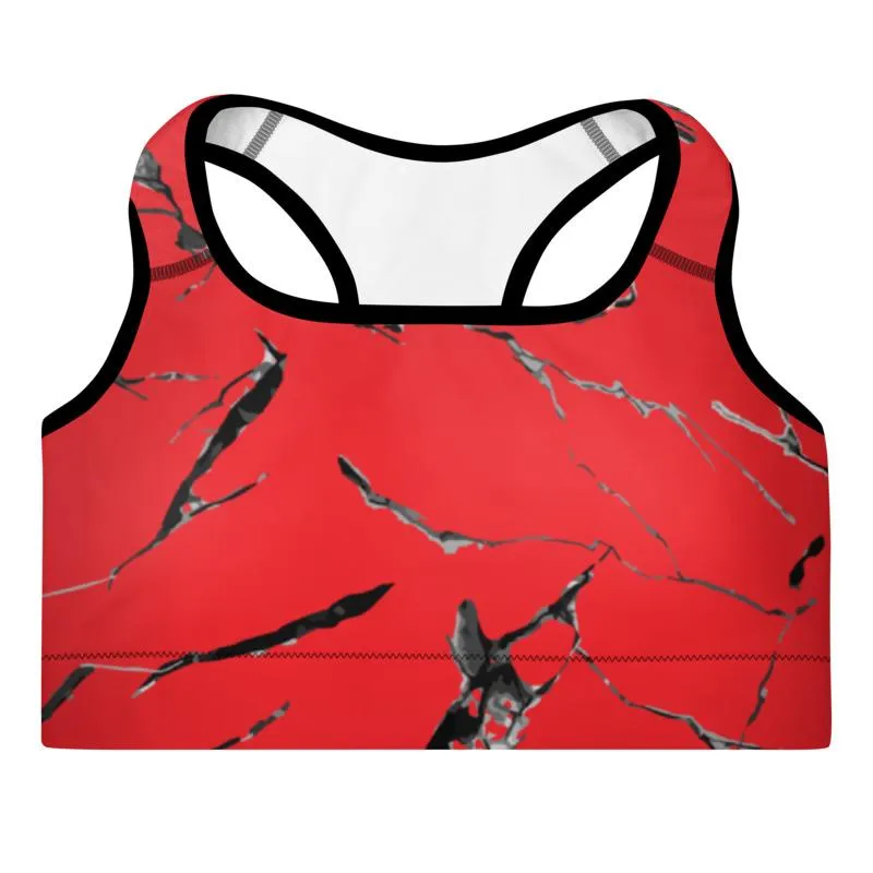 Red Marble Print Sports Bra, Women's Premium Padded Workout Bra- Made in USA/ EU