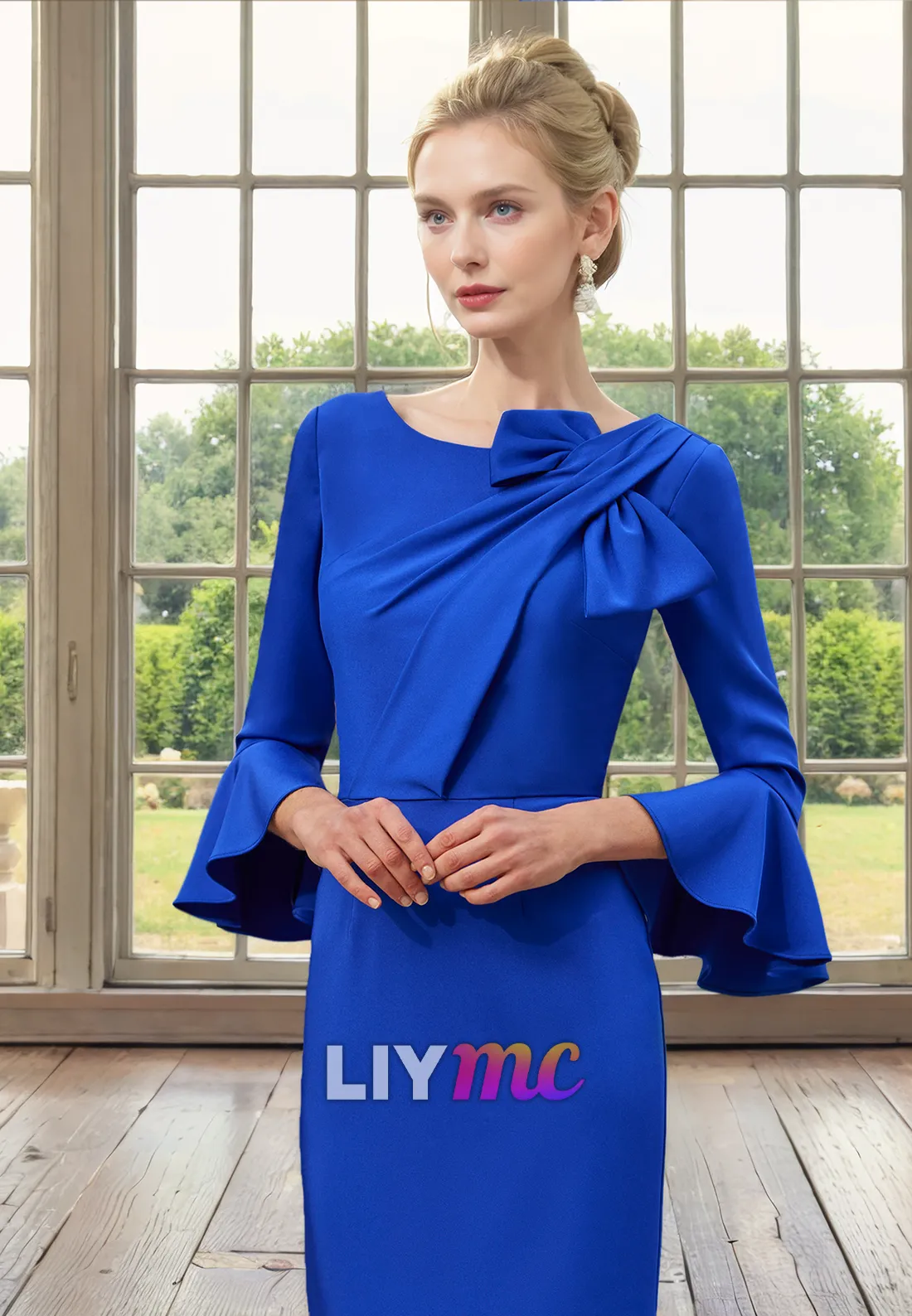 Scoop Long Sleeves Floral Embellished Sheath Sleek Satin Mother of Bride Dress Cocktail Dress